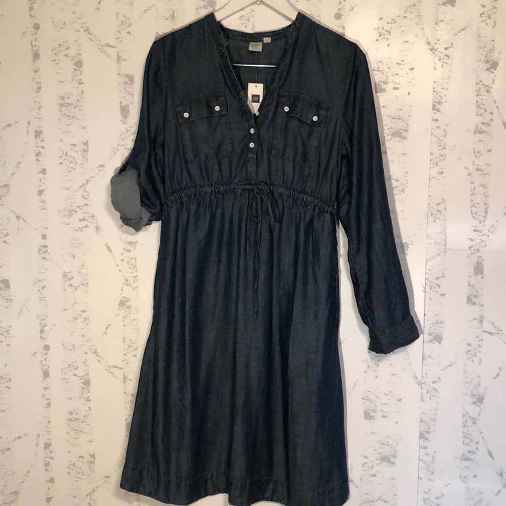 Gap Maternity Denim Dress Tencel Drawstring Sz XS